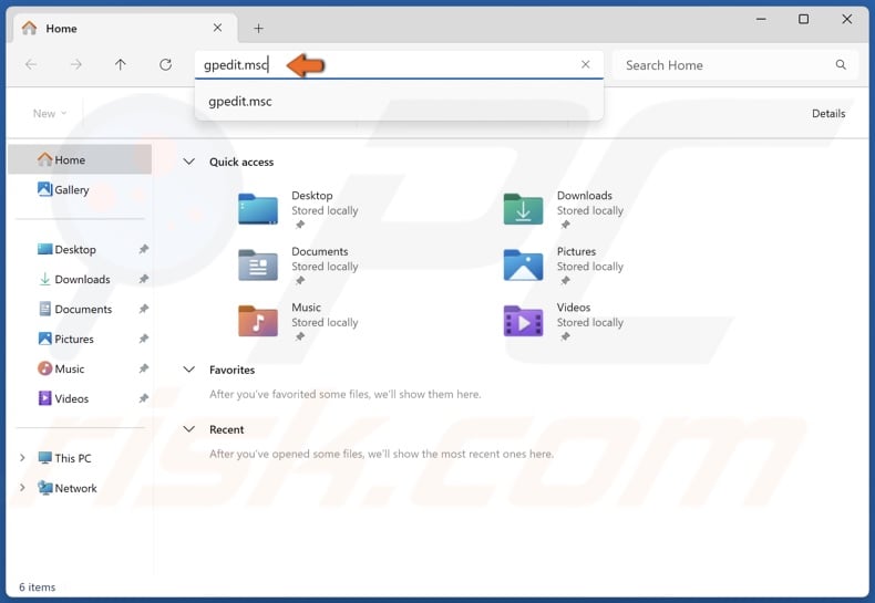 Type gpedit.msc in the File Explorer address bar and press Enter