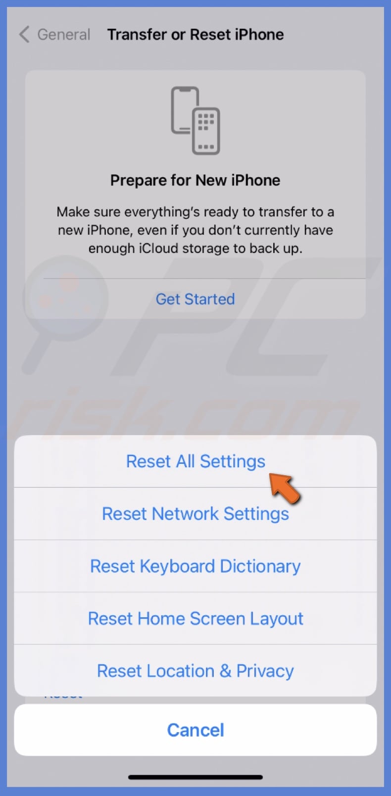 Reset all settings