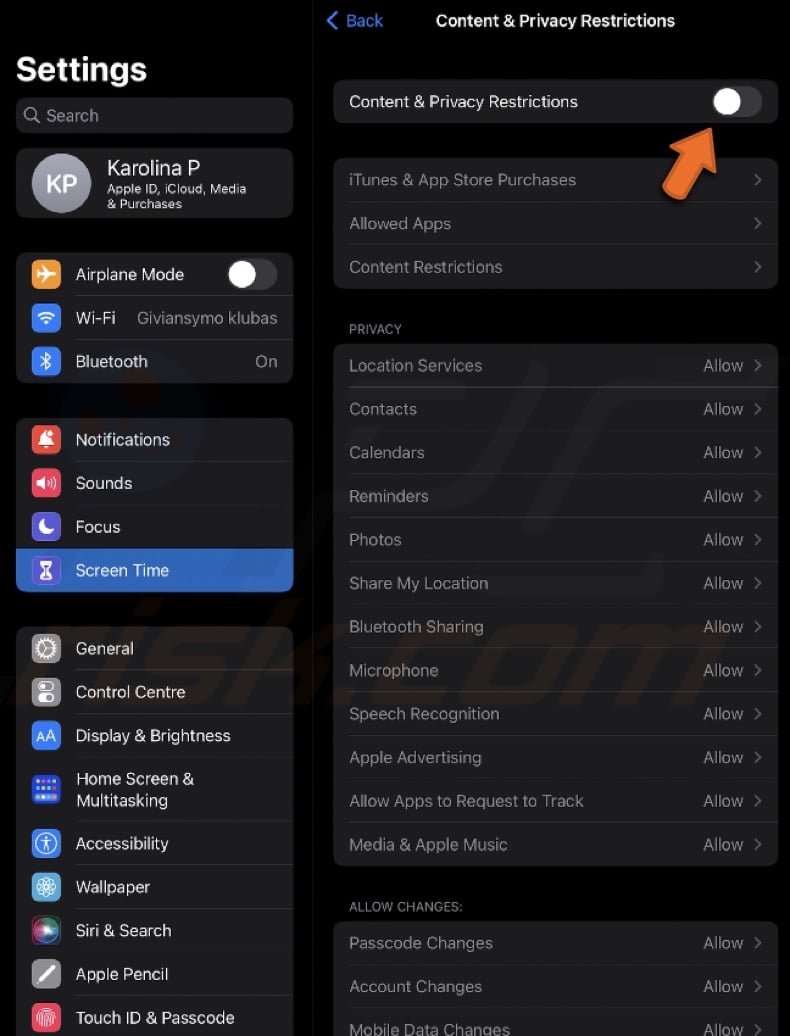 Turn off Content & Privacy Restrictions