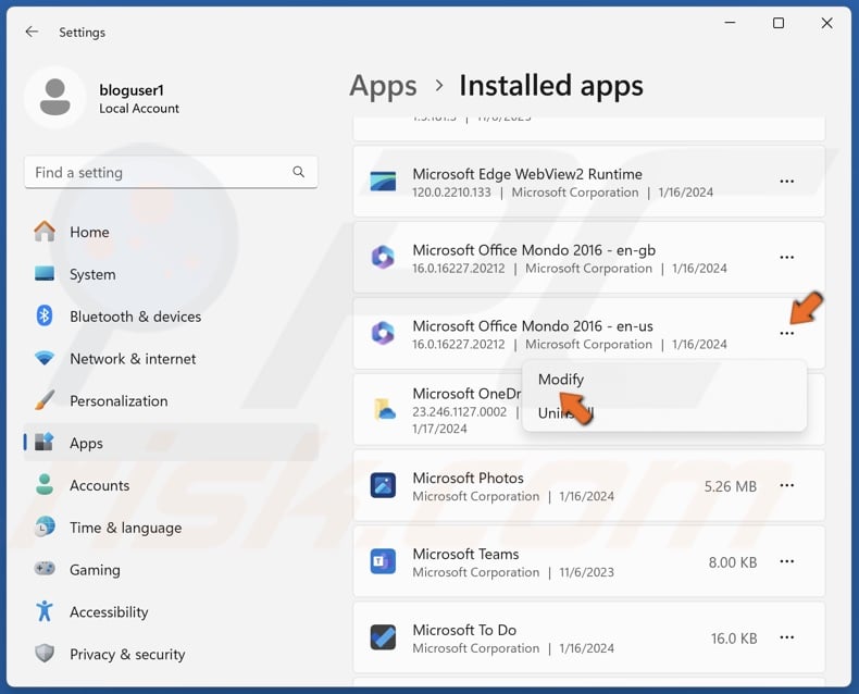 Click the three-dot button next to Microsoft Office and click Modify
