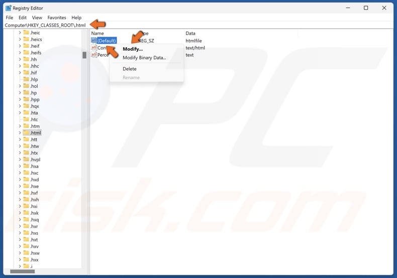 Right-click the (Default) value in the right pane and click Modify