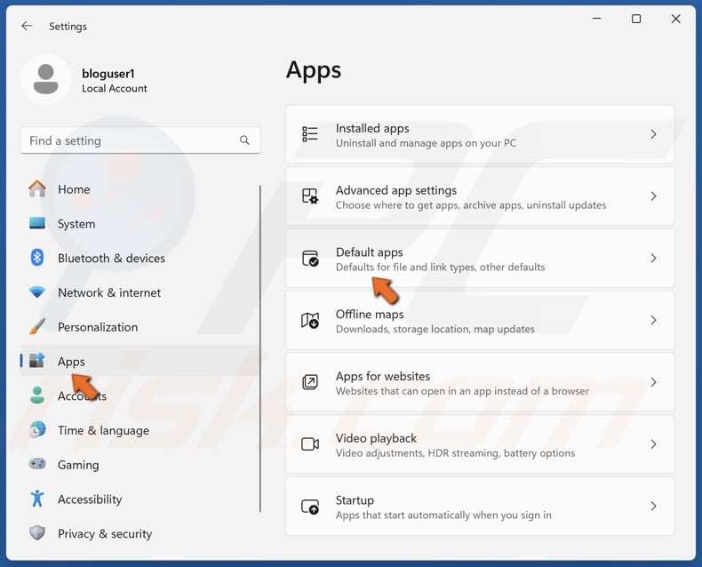 Select the Apps panel and click Default apps