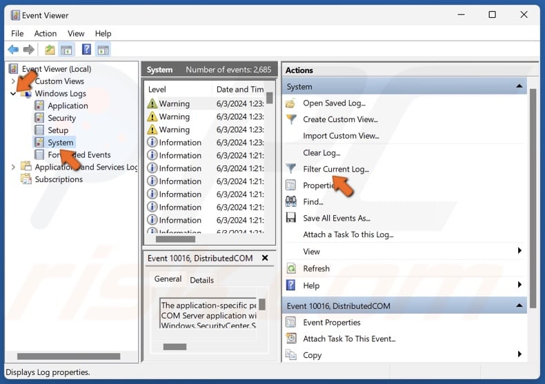 Click Filter Current Log