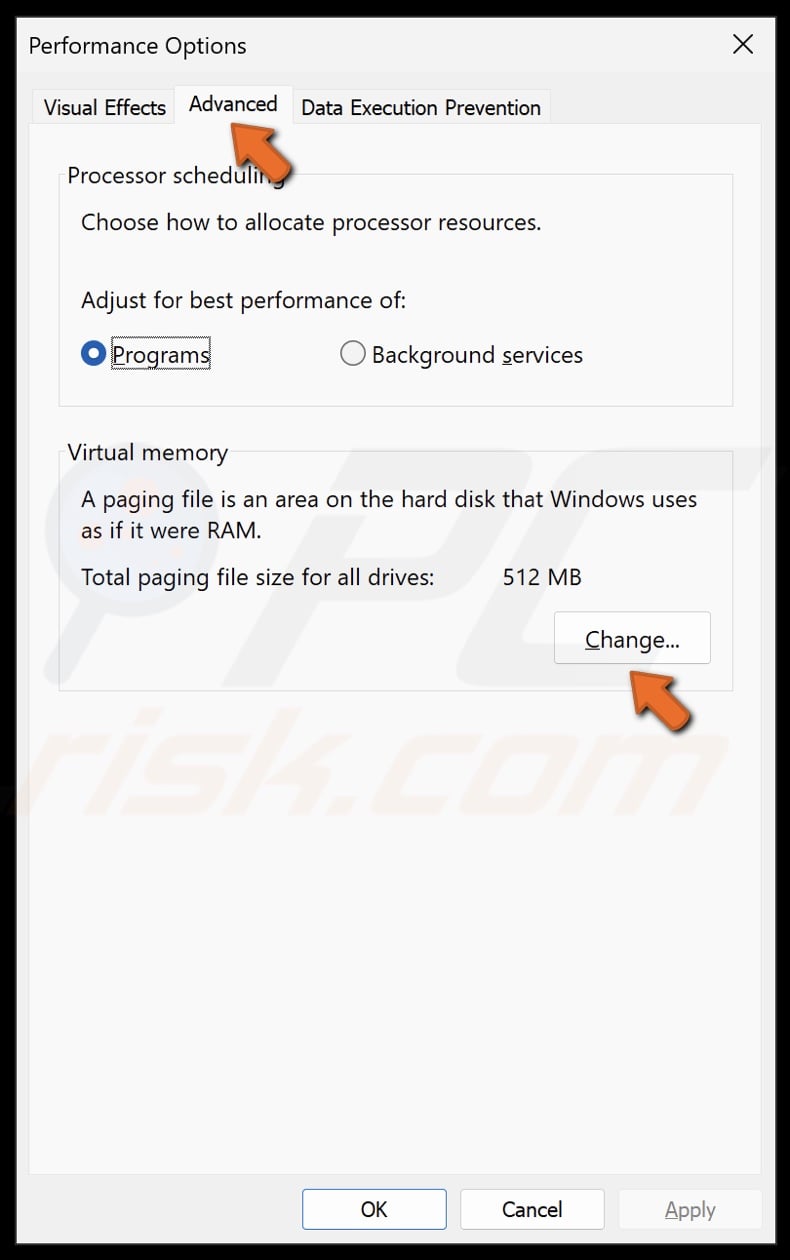 select the Advanced tab and click Change