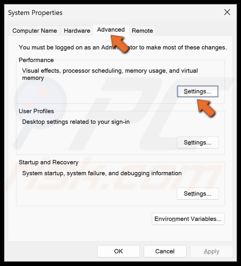 select the Advanced tab and click Settings