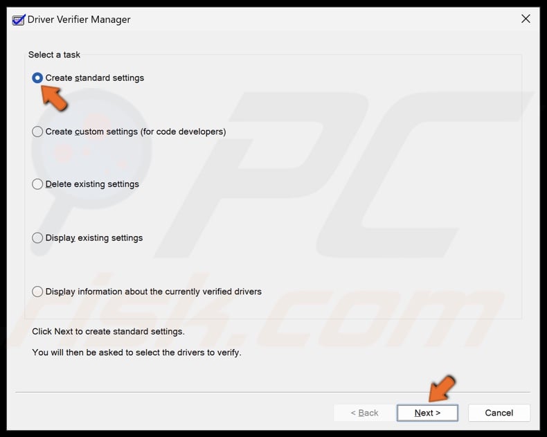 Tick Create standard settings and click Next