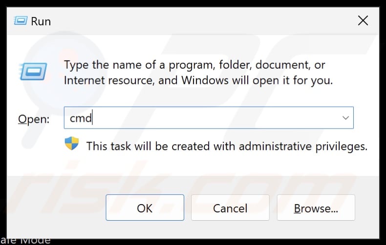 Type in CMD in Run and hold down Ctrl+Shift+Enter keys to open Command Prompt as an administrator