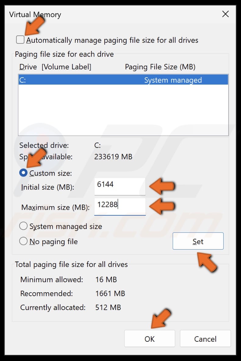 Set the Initial size (MB) and the Maximum size (MB) and click Set
