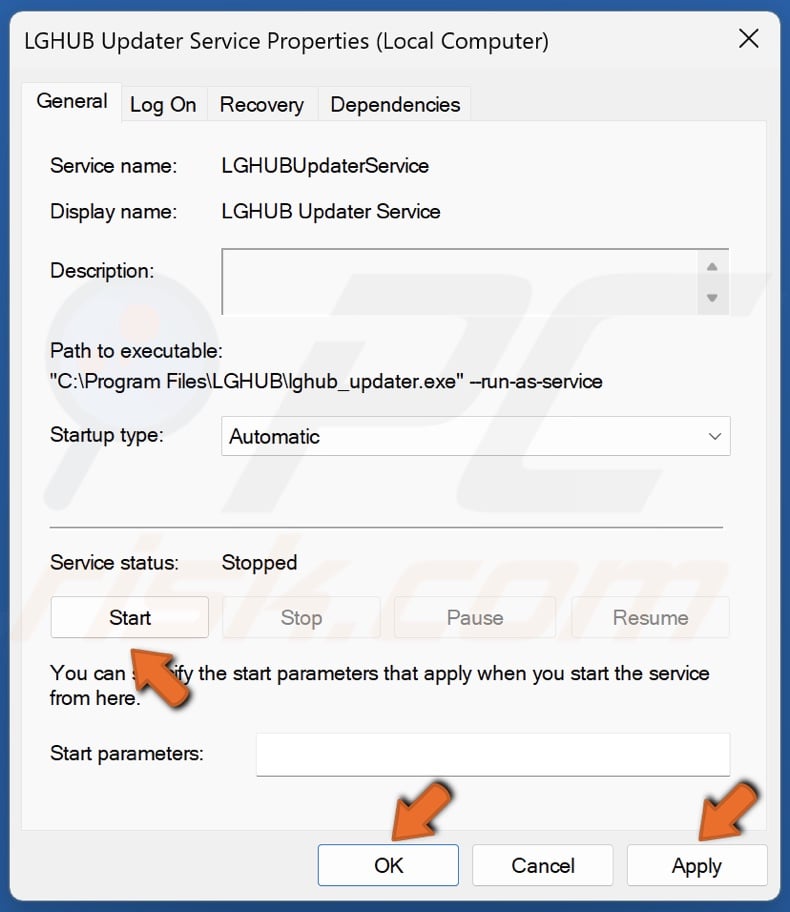 In the Status section, click Start