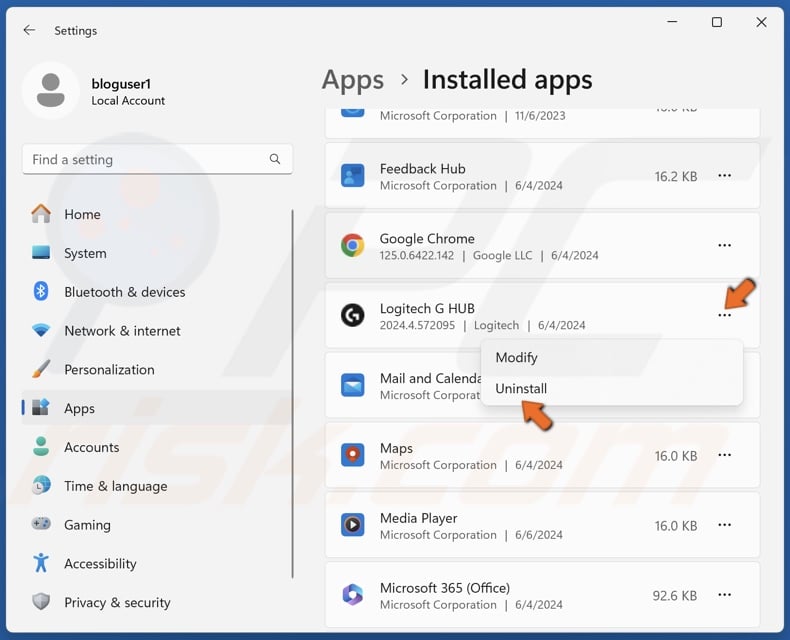 Click the three-dot button next to Logitech G Hub and click Uninstall