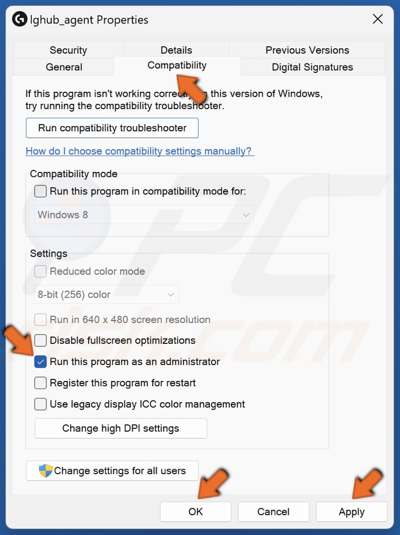 Mark the Run this program as an administrator and click Apply and OK