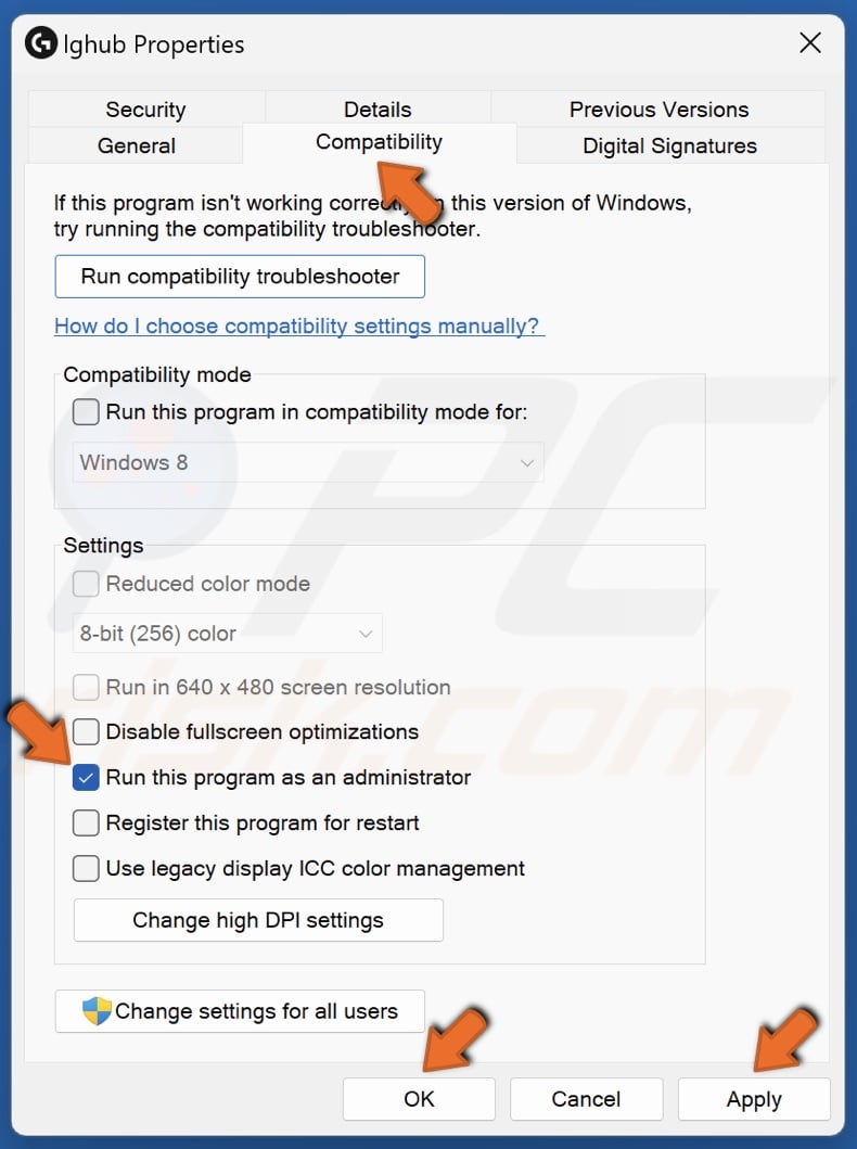 Mark the Run this program as an administrator and click Apply and OK