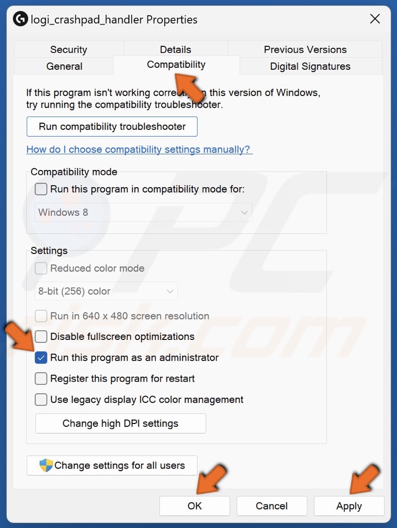 Mark the Run this program as an administrator and click Apply and OK