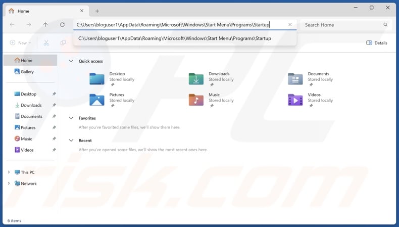 Type C:UsersAppDataRoamingMicrosoftWindowsStart MenuProgramsStartup in the address bar and press Enter