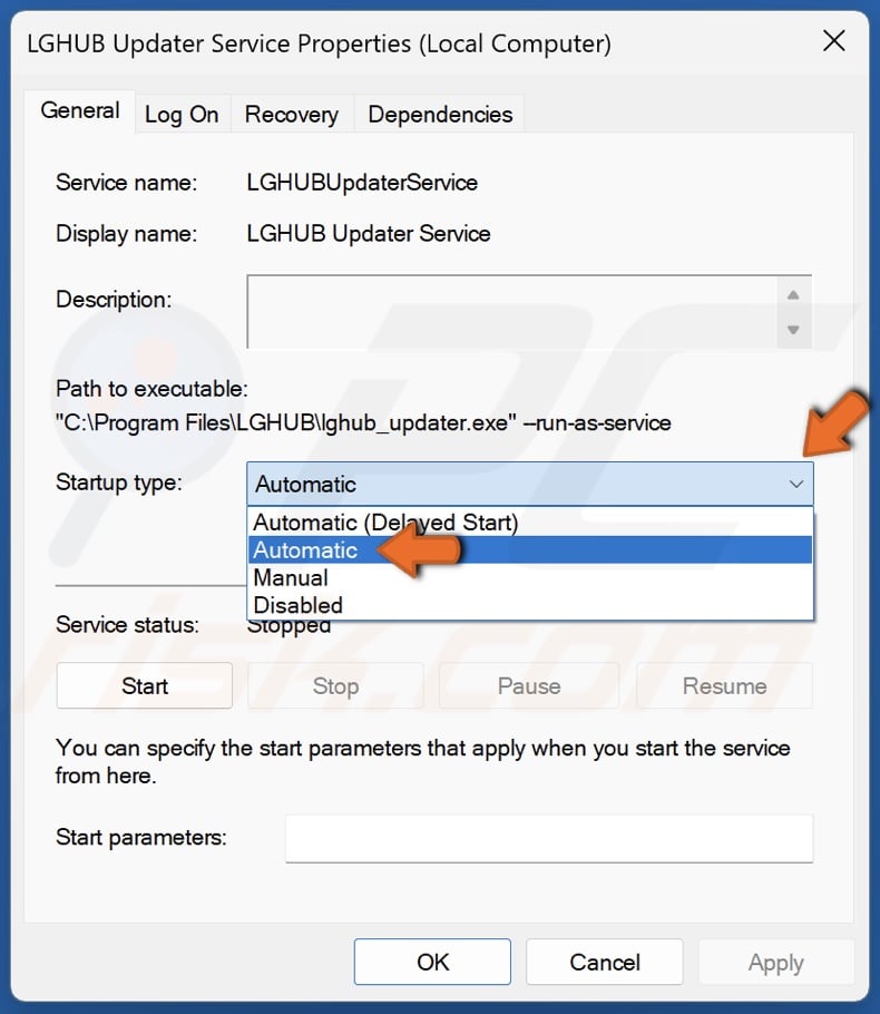Open the Startup type menu and select Automatic