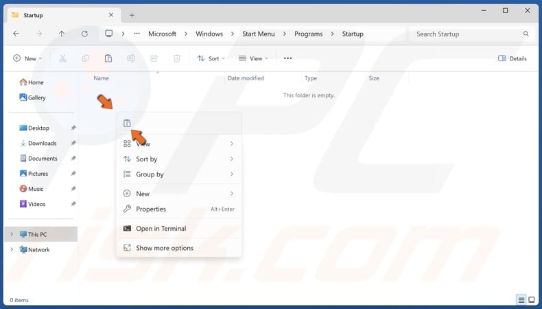 Right-click inside the folder and click Paste