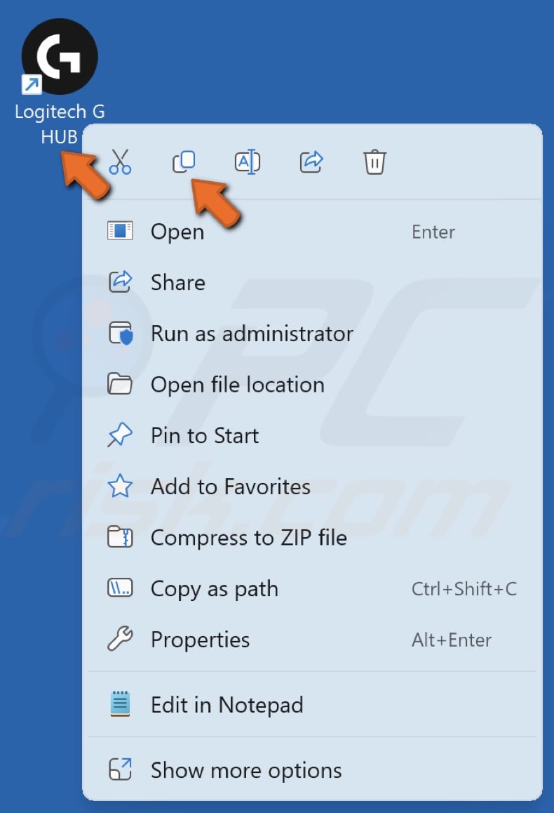 Right-click the Logitech G Hub desktop shortcut and click Copy