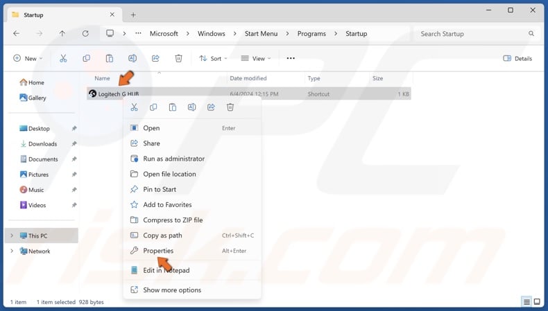 Right-click the Logitech G Hub you copied to the Start-up folder and click Properties