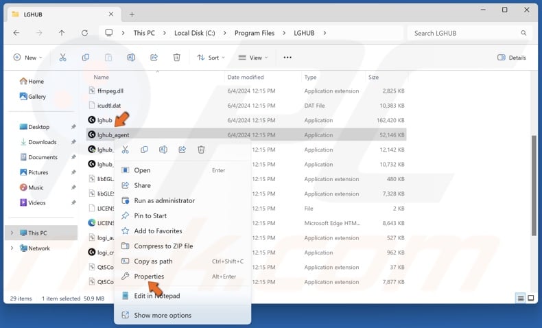 Right-click lghub_agent.exe and click Properties