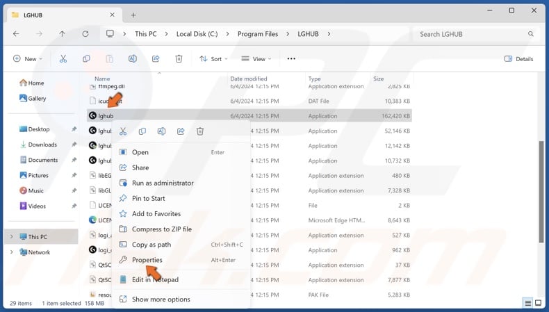 Right-click lghub and click Properties