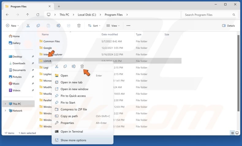 Right-click the LGHUB folder and click Delete