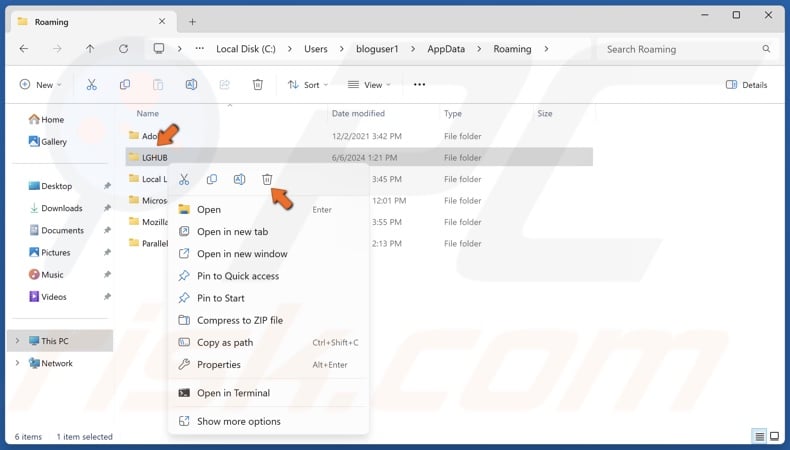 Right-click the LGHUB folder and click Delete