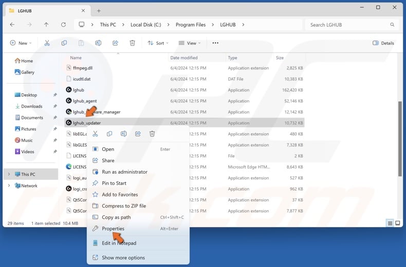 Right-click lghub_updater.exe and click Properties