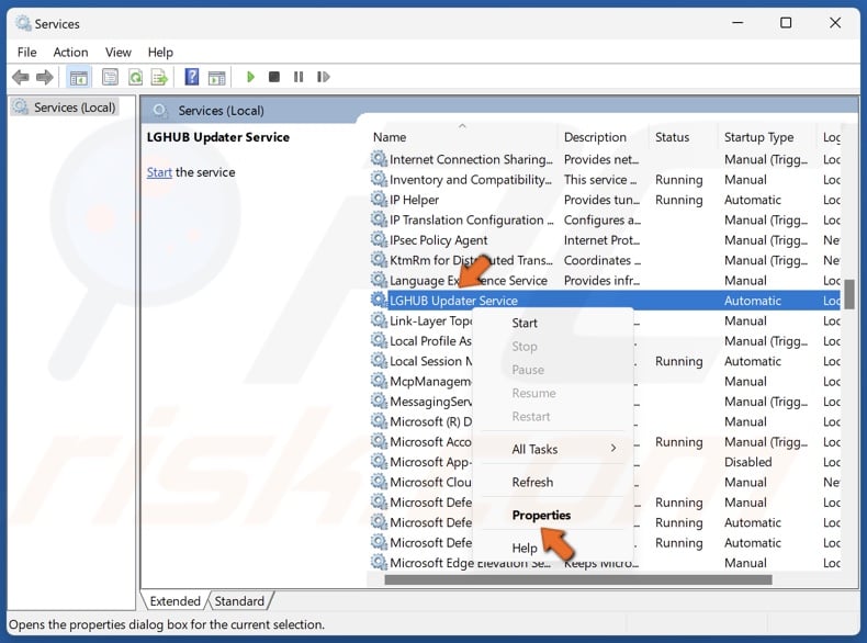 right-click LGHUB Updater Service and click Properties