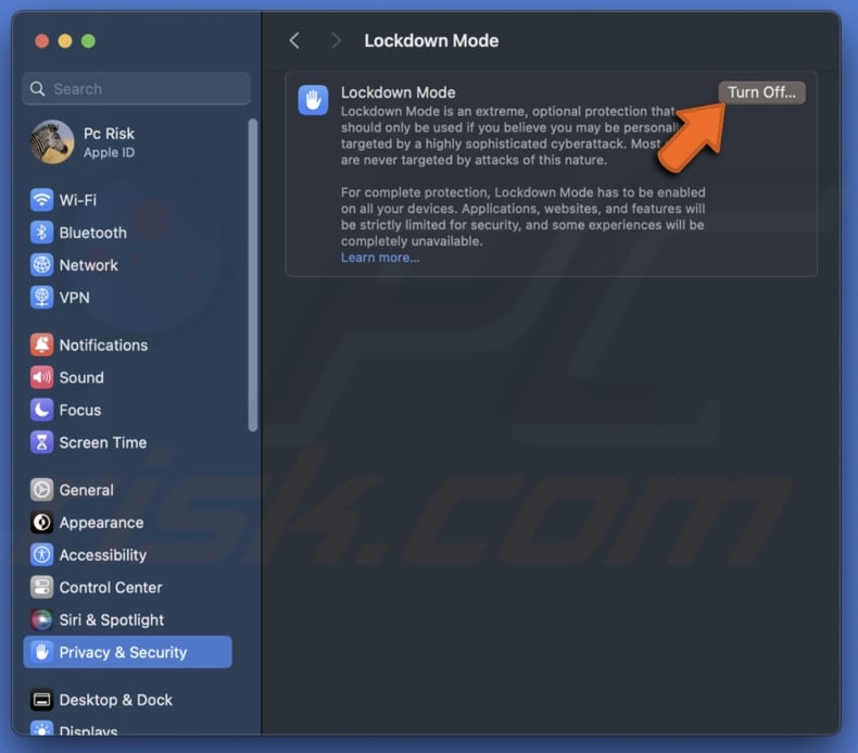 Turn off Lockdown Mode on Mac