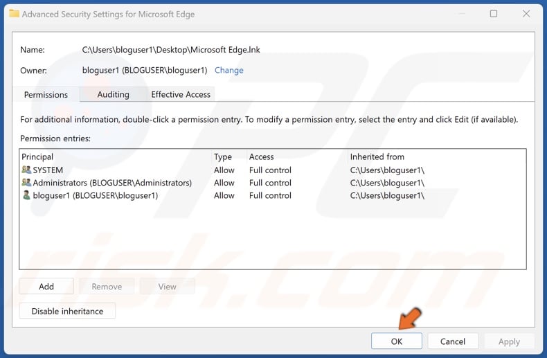 Click OK in the Advanced Security Settings for Microsoft Edge