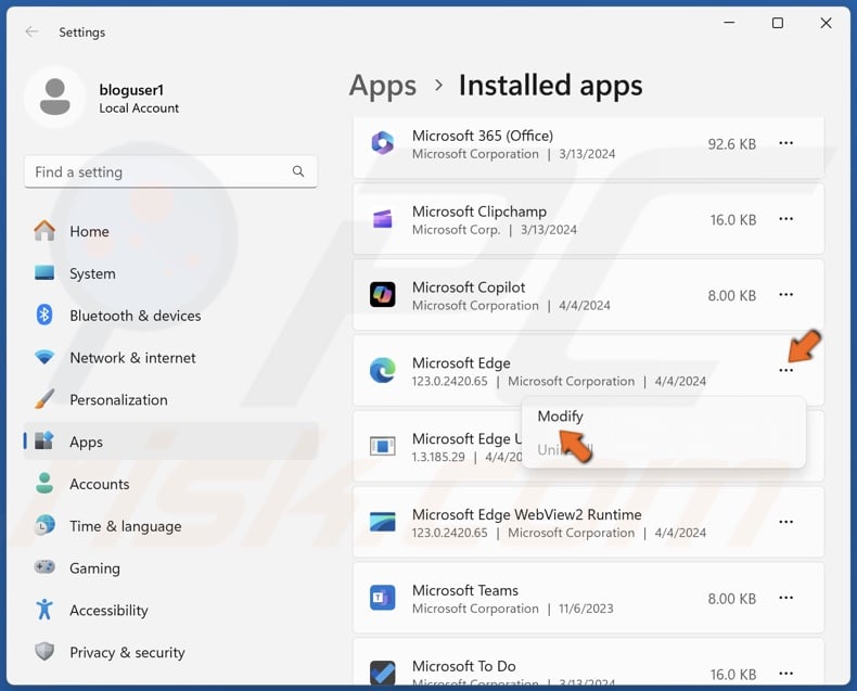 Click the three-dot button next to Edge and select Modify