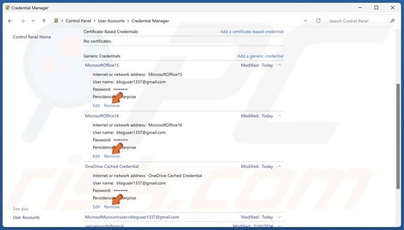 Click Remove next to OneDrive Cached Credential, MicrosoftOffice16, and MicrosoftOffice15 credentials