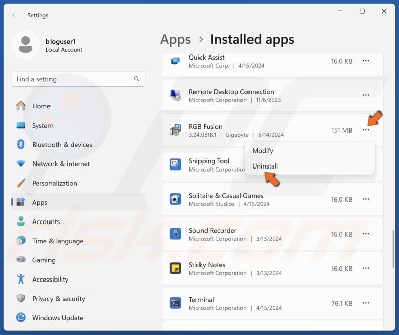 Click the three-dot button next to RGB Fusion and click Uninstall