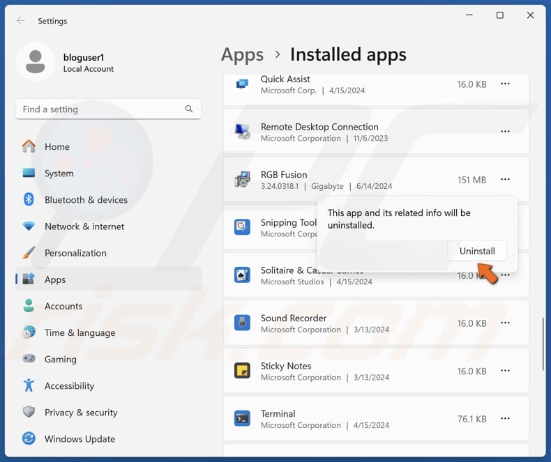 Click Uninstall to confirm the removal