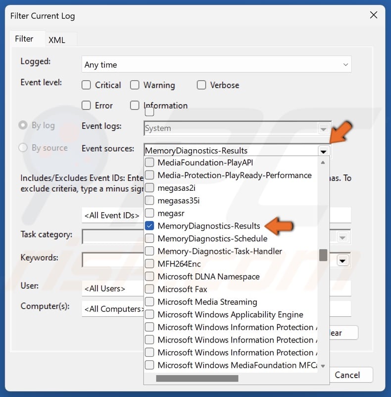 Open the Event sources menu and select MemoryDiagnostics-Results