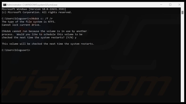 Run the chkdsk C: /f /r command