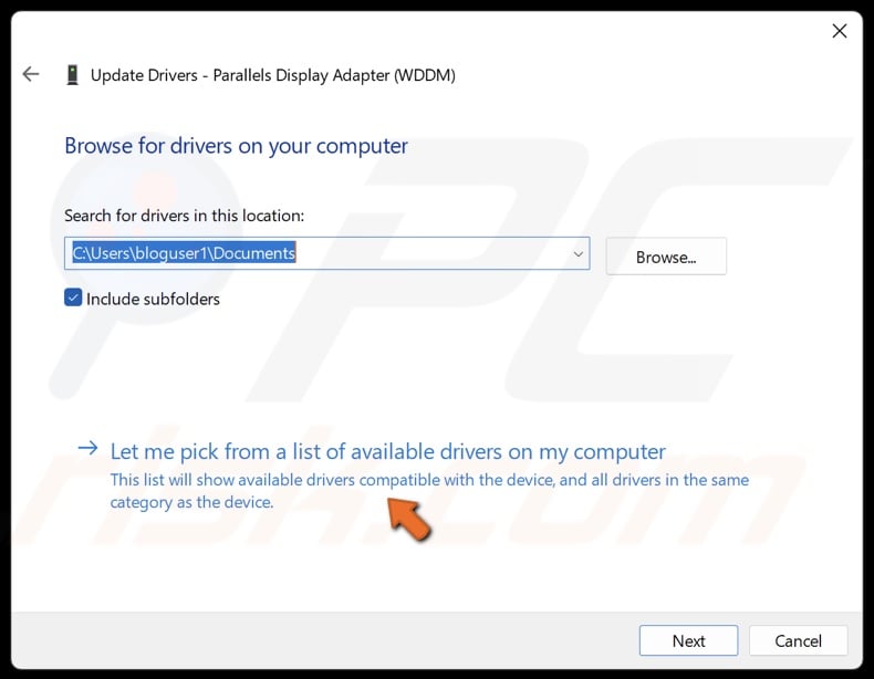 Select Let me pick from a list of available drivers on my computer