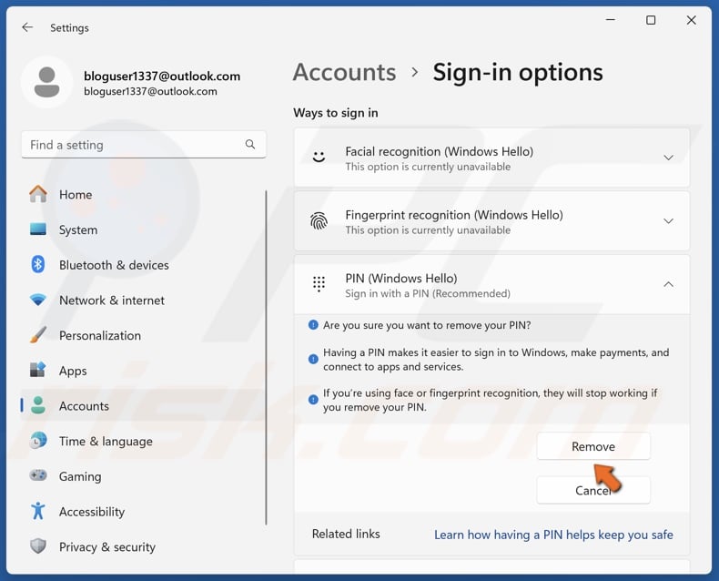 Click Remove to confirm the removal