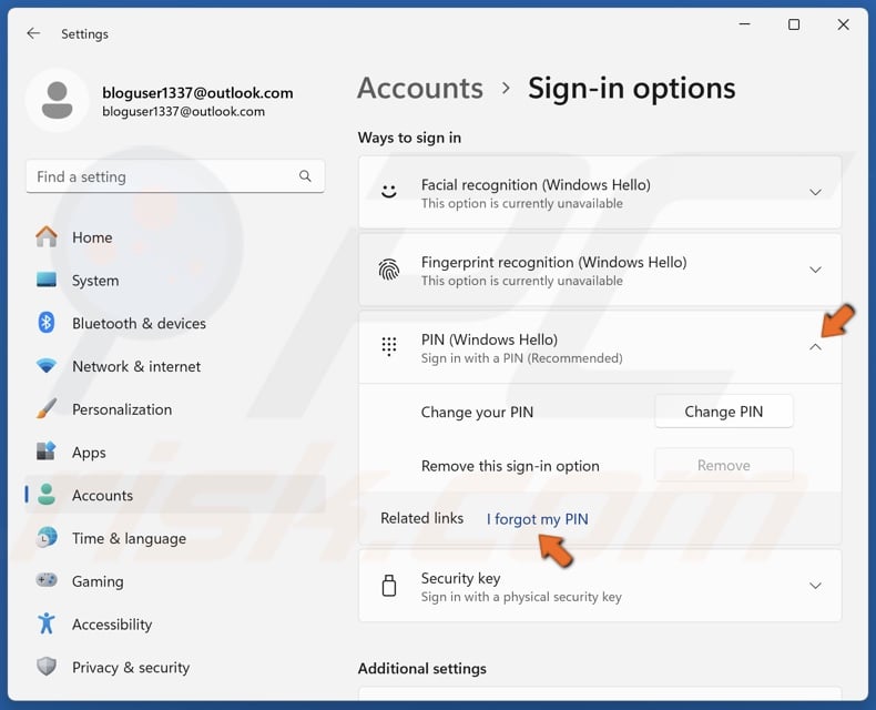 Expand the PIN (Windows Hello) section nad click I forgot my PIN