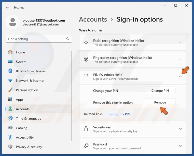 Expand PIN (Windows Hello) and click Remove