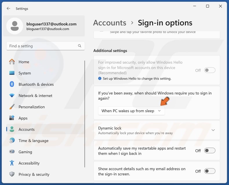 Open If you’ve been away, when should Windows require you to sign in again? drop-down menu and select Never