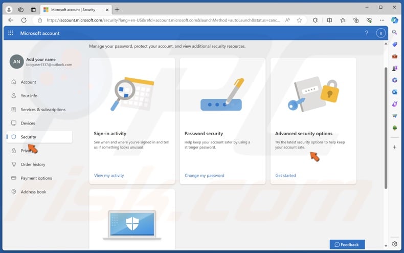 Select the Security panel and click Advanced security options