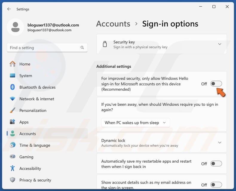 Toggle off the For improved security, only allow Windows Hello sign-in for Microsoft account on this device (Recommended) option