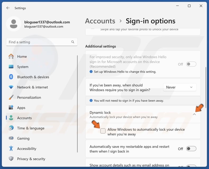 Unmark the Allow Windows to lock your device automatically when you’re away checkbox