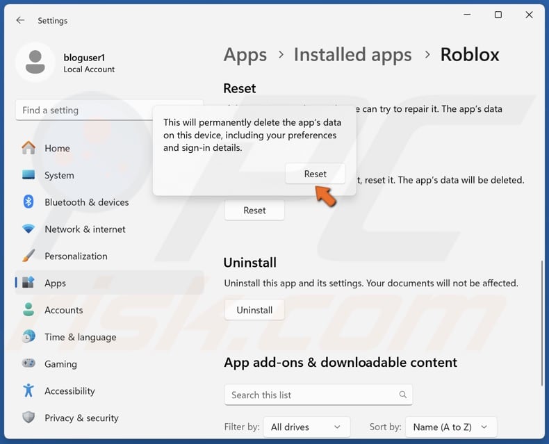 Click Reset again to confirm