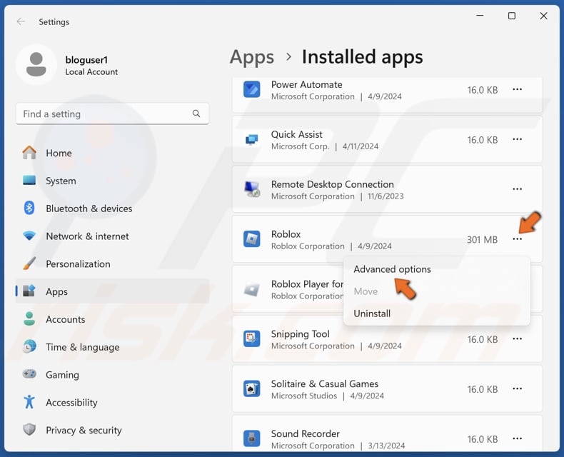 Click the three dots next to Roblox and click Advanced options