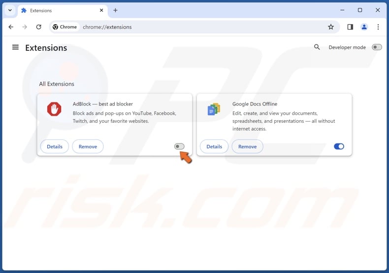 Toggle off the slider to disable an extension