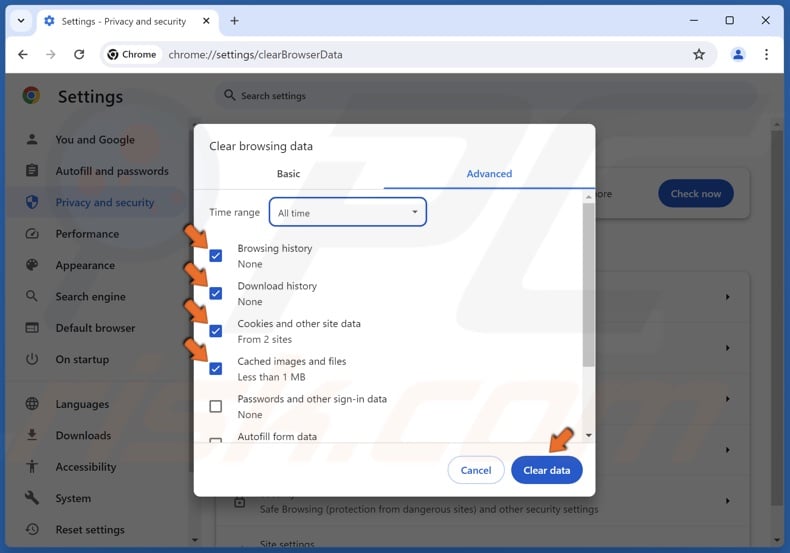 Ensure the Browsing history, Download history, Cookies and other site data, and Cached images and files checkboxes are marked