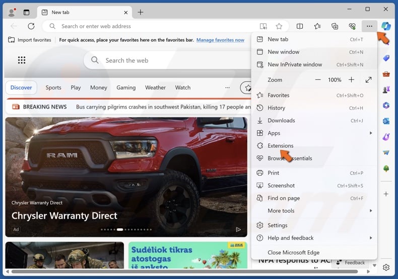 Click the three dots at the top-right corner and click Extensions