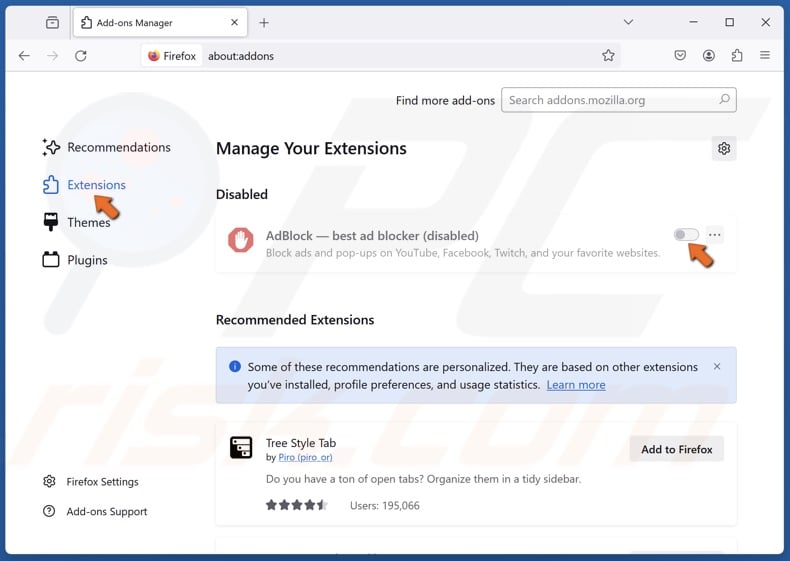 Toggle off the slider to disable an extension